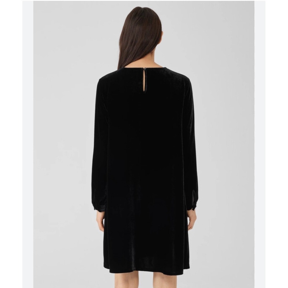 Eileen Fisher Black Velvet Formal Classy Long Sleeve Side Tie Shift Dress Medium